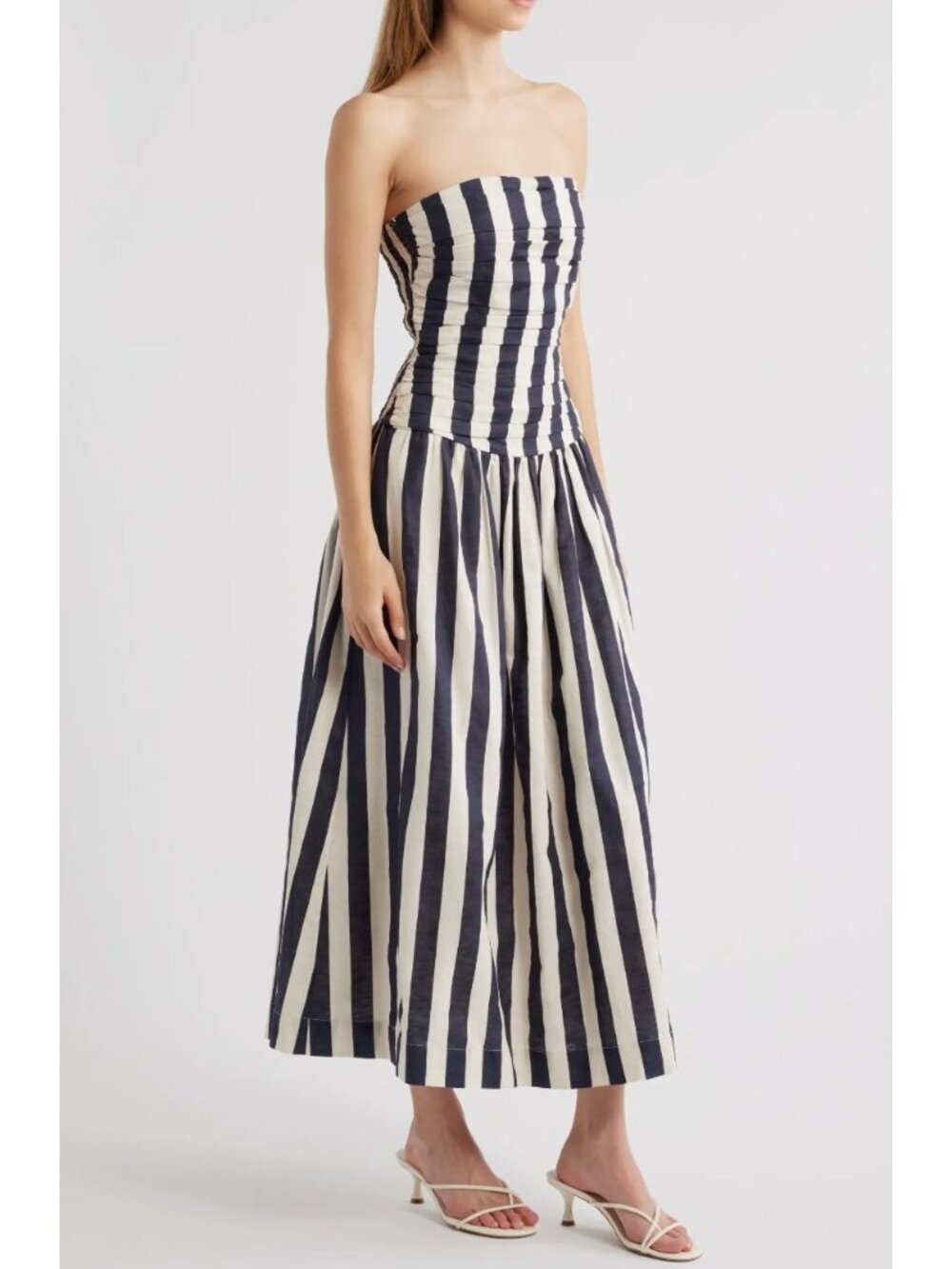 Moon River Brown & White Striped Strapless Tube Top Midi Dress Smocked Back Size - Picture 3 of 10